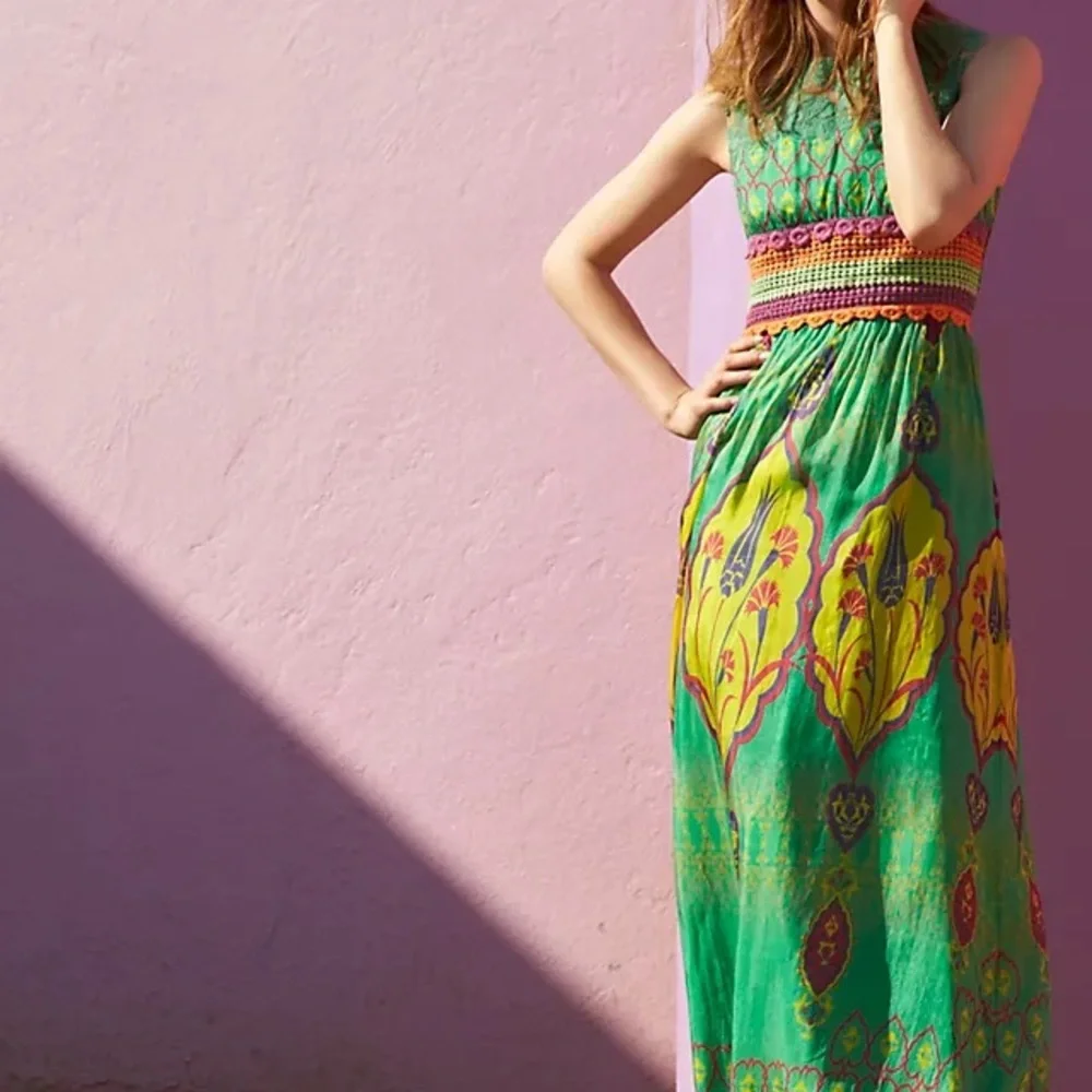 Hemant & Nandita Anthropologie Mintzita Maxi Dress Green Silk Large - Picture 2 of 9